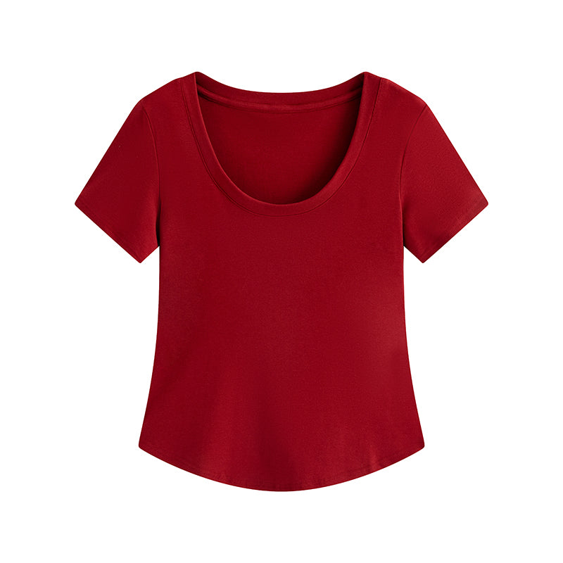 Slightly Chubby Mm Front Shoulder Slim Fit And Slimming Large U-neck Short Sleeved Shirt