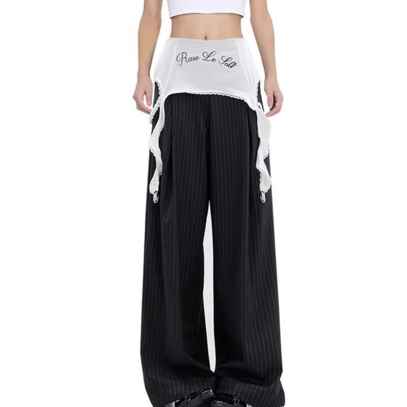 Spring And Autumn Stitching Lace Loose Slimming Draping Wide-leg Striped Suit Pants For Women