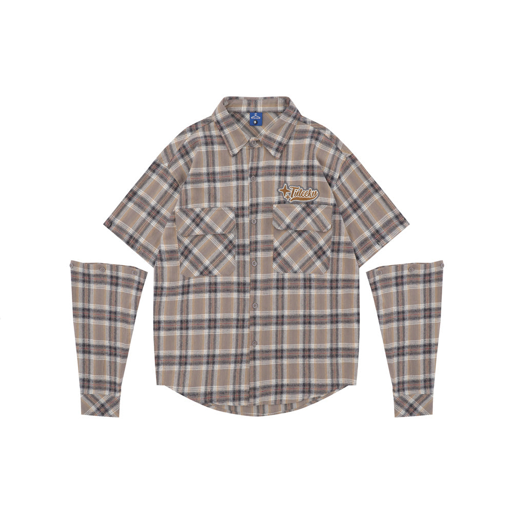 Plaid Long Sleeve Shirt Men's Sleeve Detachable Two-way Wear