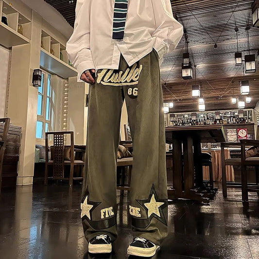 Hong Kong Style Large Size Suede Trousers With Straight Leg