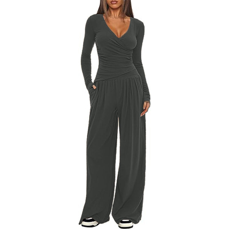 Women's V Neck Long-sleeve Sportswear Top And Wide-leg Pants Set Casual Comfortable Outfit Set For Daily Wear Gym Sports Outfit 2 Pieces