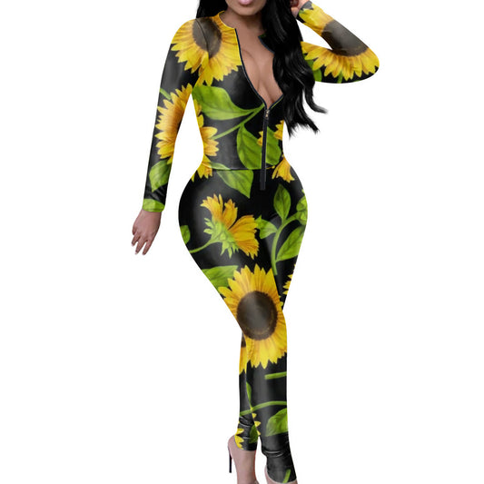 Women's Sunflower Printed Tight V-neck Jumpsuit