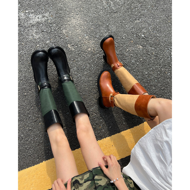 Color-block High-top Knight Boots Back Zipper Mid-heel Women's Boots