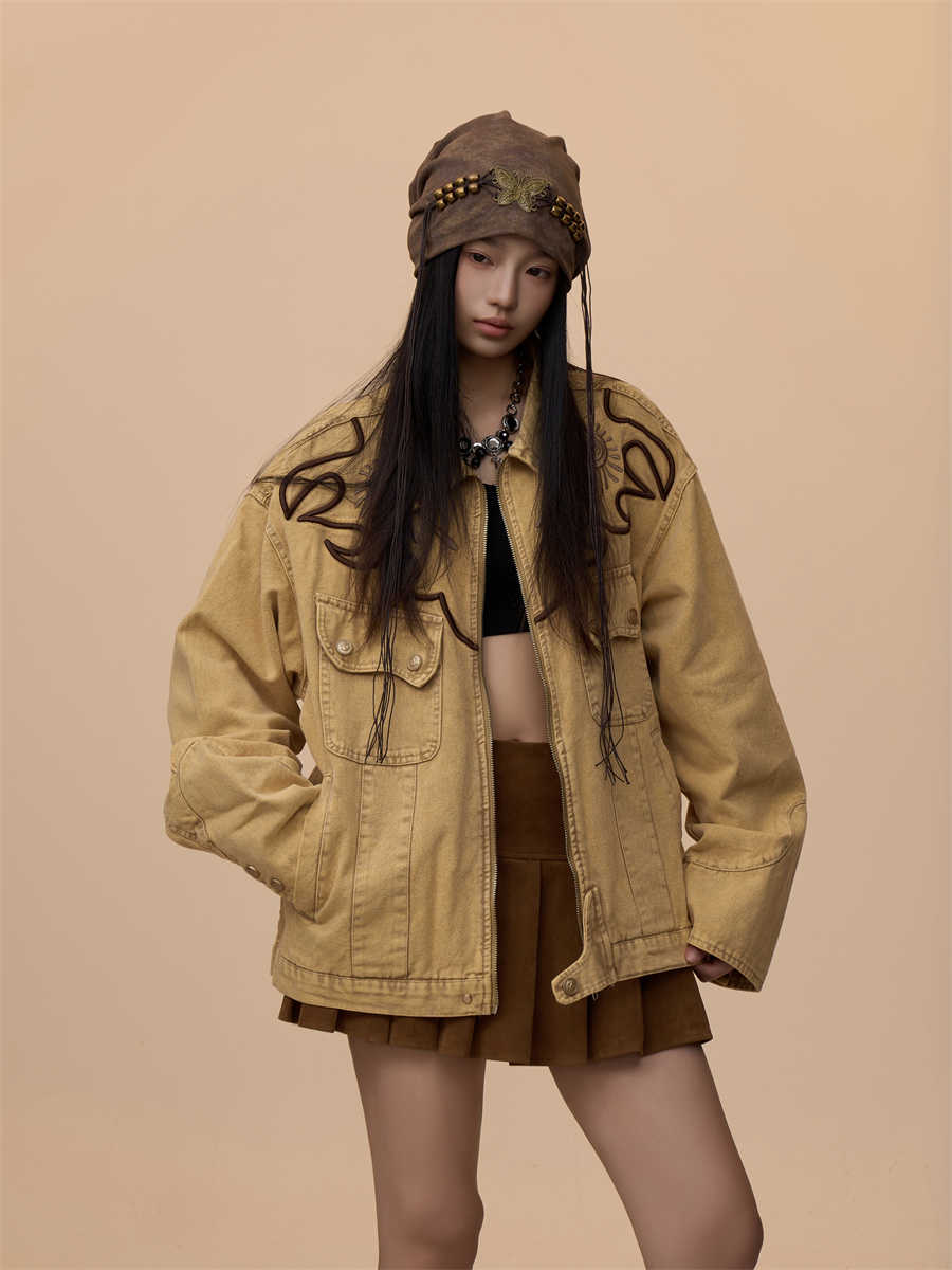 Vintage Embroidery Washed Heavy Weight Denim Coat Jacket