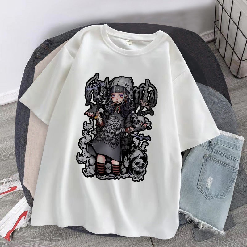 Vintage Gothic Girly Print Loose Cropped T-Shirt
