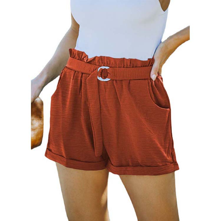 Lace-up Pocket Solid Color High-waist Casual Shorts Women