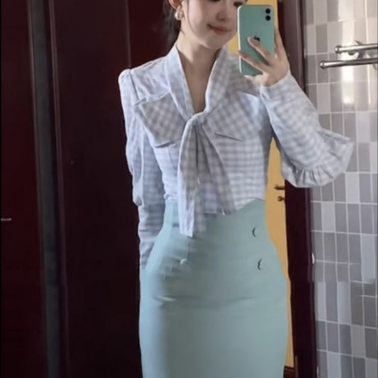 Spring And Autumn High Waist Slimming Hip-wrapped Mid-length Dress Two-piece Set