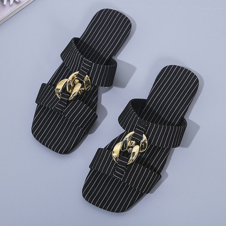 New Style Striped Metal Buckle Flat Bottom Casual Slippers Women