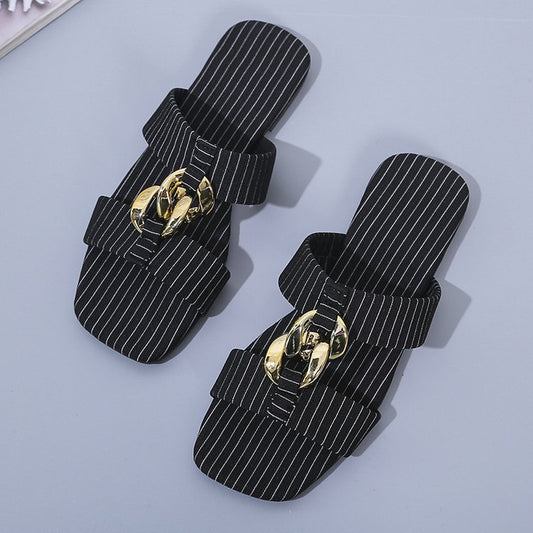 New Style Striped Metal Buckle Flat Bottom Casual Slippers Women
