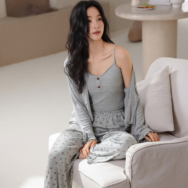 Threaded Colored Cotton Bra-padded Camisole Three-piece Set