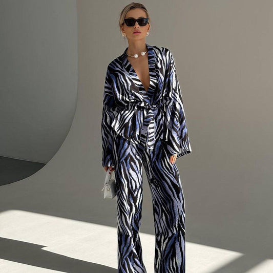 Printed Loose And Cozy Long-Sleeve Pajama Set With Pants For Women