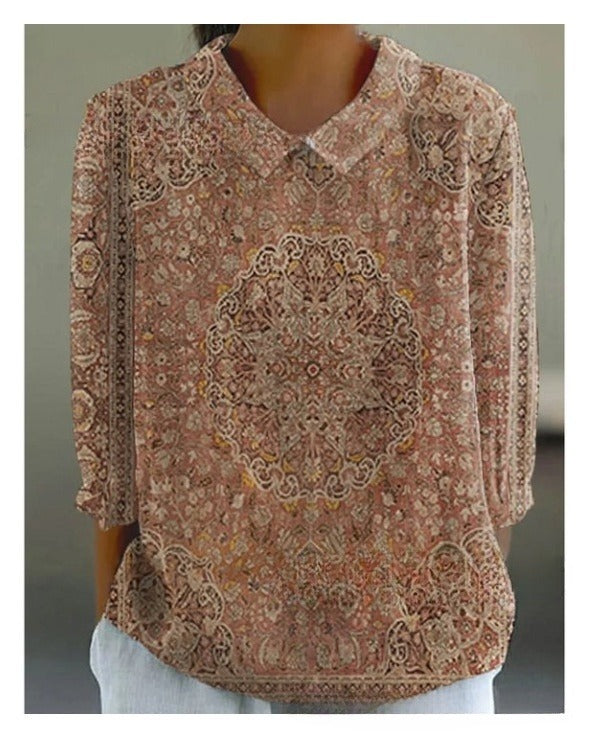 Loose Printed Crew Neck Casual Plus Size Women's Shirt