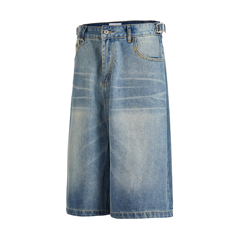 American Retro Denim Cropped Pants Washed Cat Beard Pattern