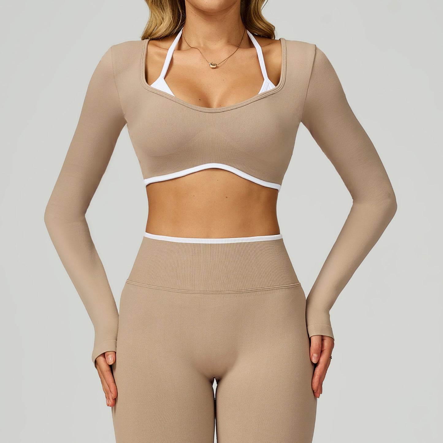 Seamless Contrast Color Yoga Long Sleeve Fake Two-piece Short Version Slim Fit Yoga T-shirt