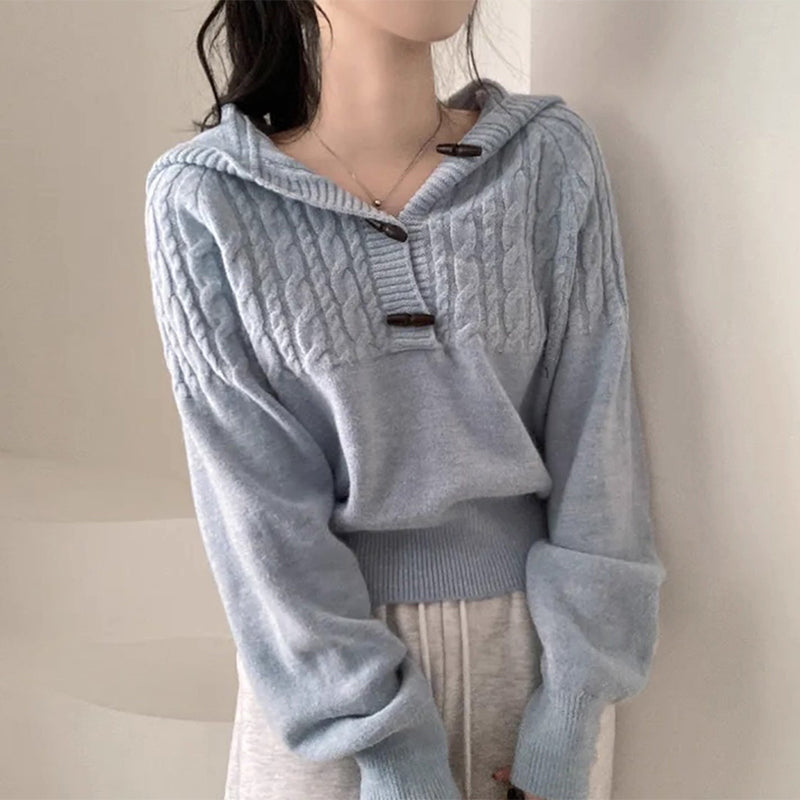 Hemp Pattern Horn Button Long-sleeved Knitted Sweater