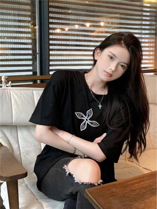 Women's Summer Hong Kong Style Round Neck Printed T-shirt