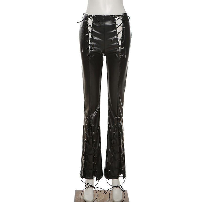 High-waisted Hollow Tie Straight PU Leather Slim Casual Pants