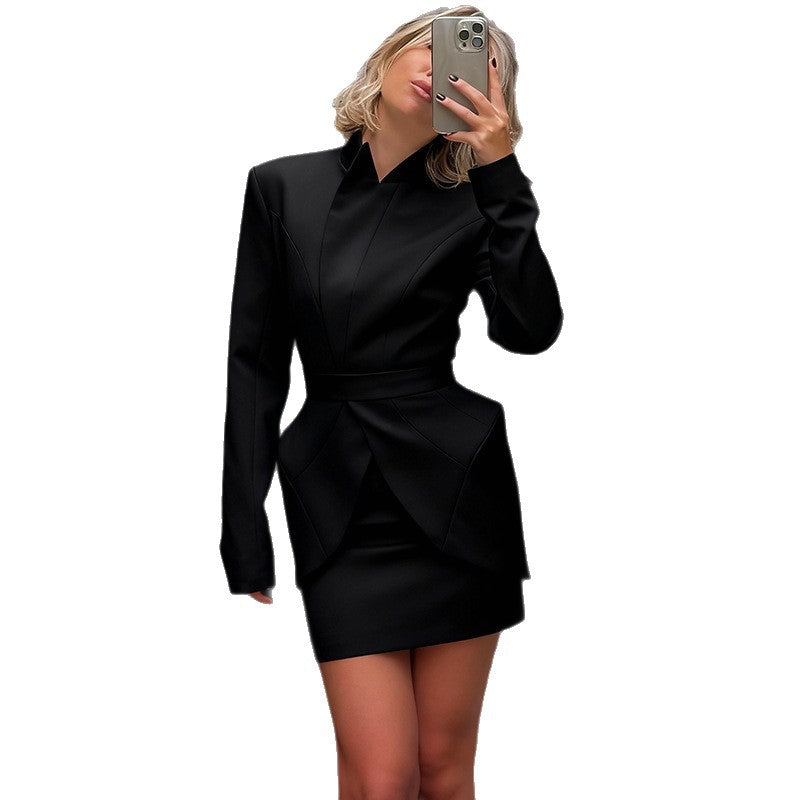Fashionable And Elegant Stand-up Collar Fitted Long-sleeved Top Hip-hugging Short Skirt Set