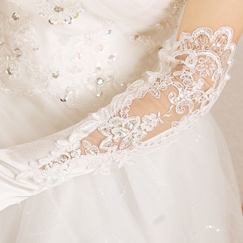 New Bridal Wedding Dress Gloves Banquet Satin Lace Embroidered