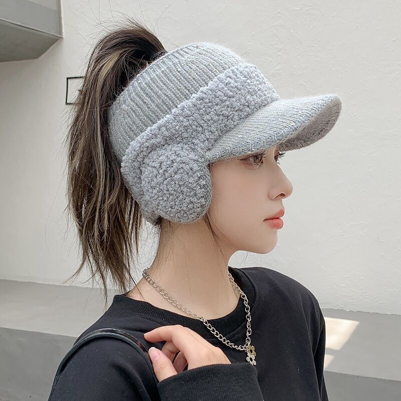 Knitted Ear Protection Duck Tongue Plus Velvet Empty Top Earmuffs Wool Hat Lady