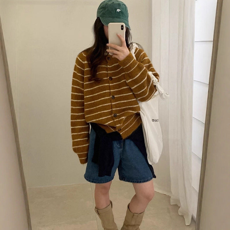 Mixed Color Stripe Long Sleeve Women's Sweater Jacket