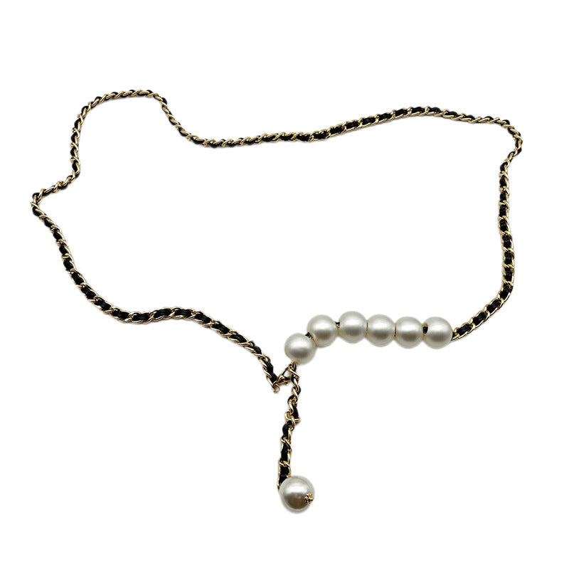 Elegant And Fashionable Pearl Metal Braided Waist Chain Belt