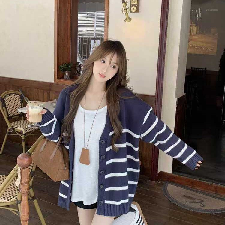 Striped Knitted Cardigan Women's European And American Loose