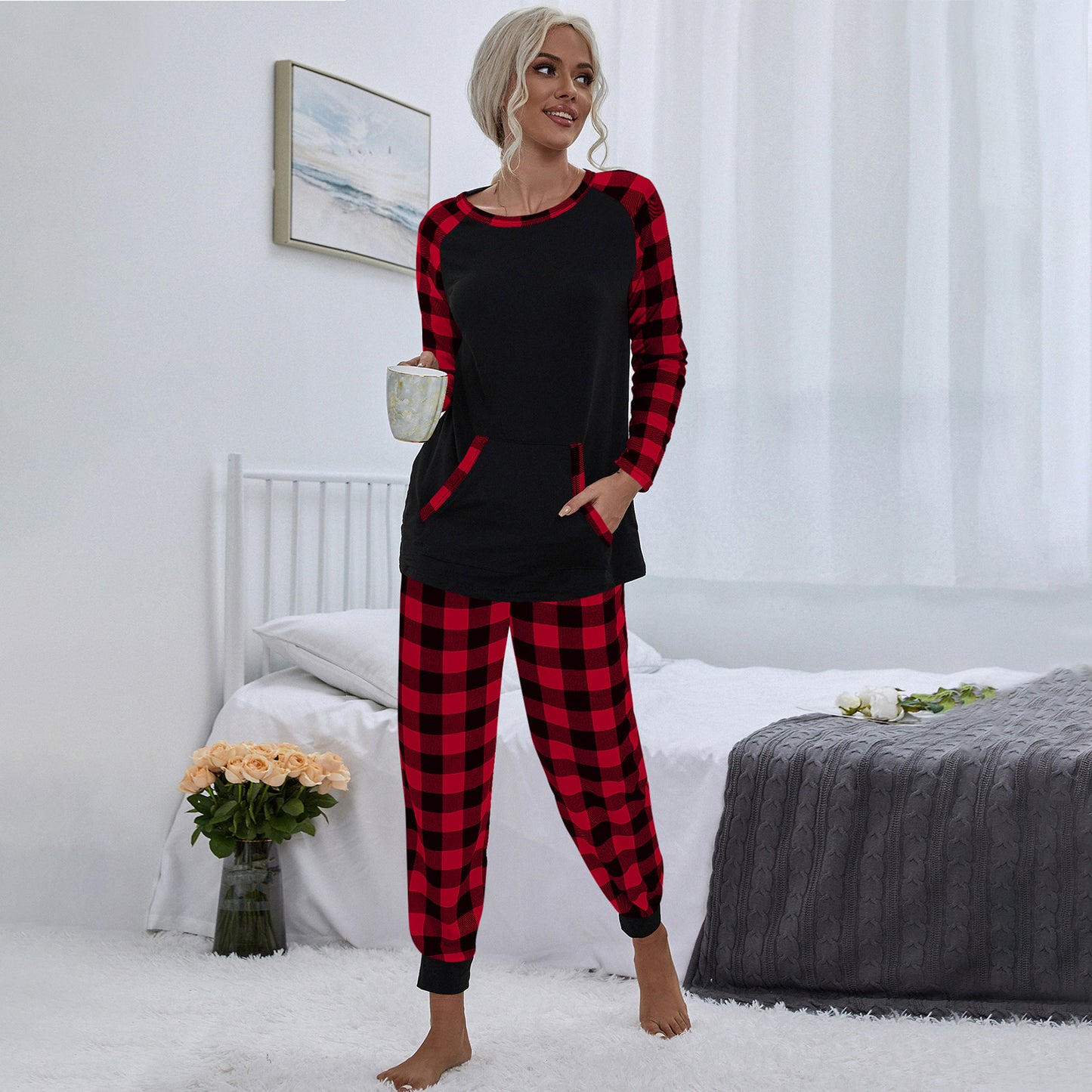 European And American Christmas Festival Women's Fashion Plaid Homewear Casual Loose Outfit