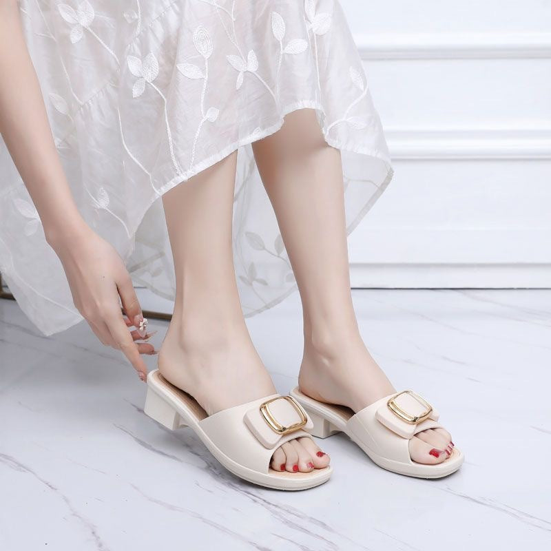 High Heel Slippers Women's Summer Slippers Korean Style Internet Celebrity Buckle Chunky Heel Lady Mom Slippers Outdoor Beach Shoes