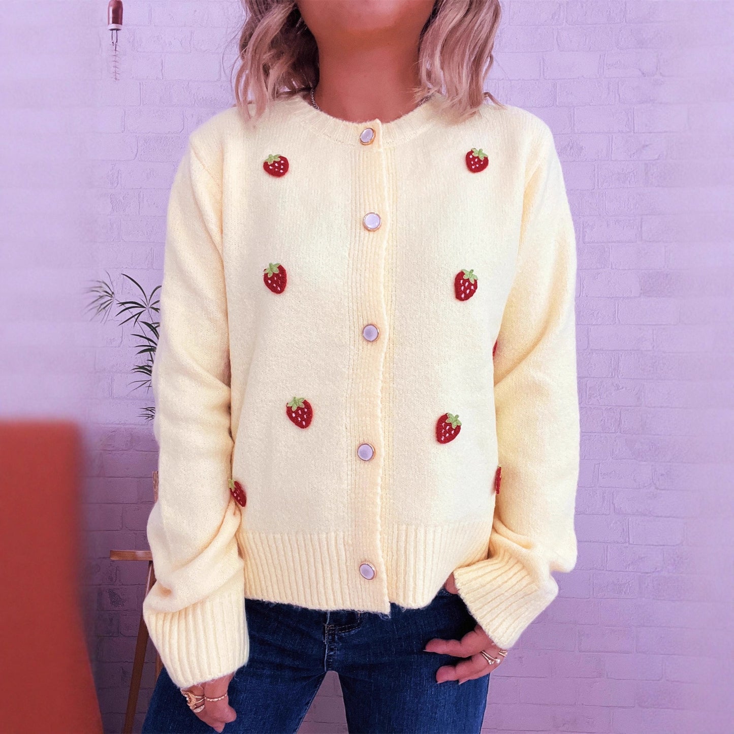 Cute Strawberry Jacquard Knitted Cardigan Round Neck Long Sleeve Sweater