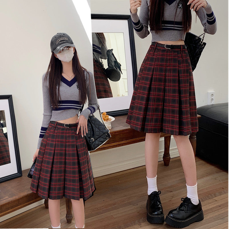 Red Plaid Skirt High Waist A- Line Lengthened Pleated Skirt