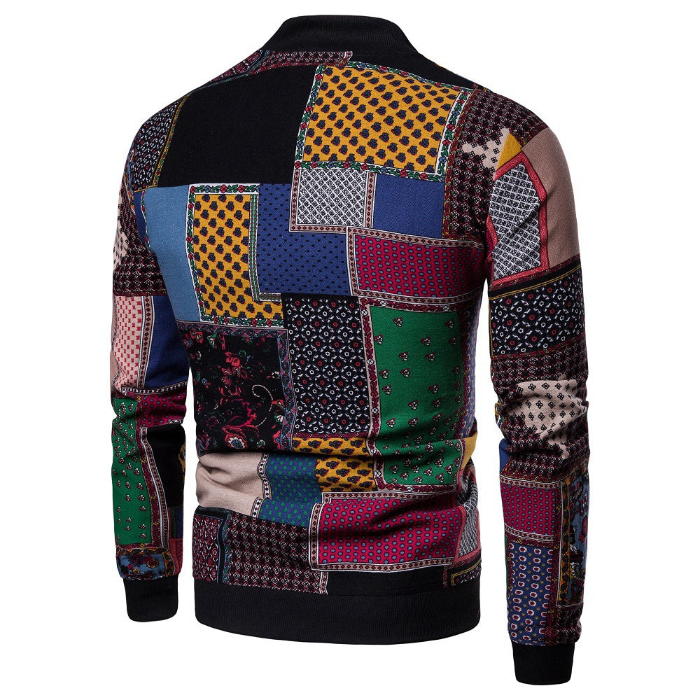 Spring And Autumn New Men's Ethnic Floral Jacket Fashion Slim-fit Baseball Uniform Coat