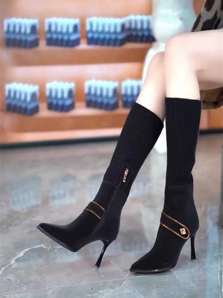 Stylish Stretchy Knit High-heeled Slim Boots With A Thin Heel For Women