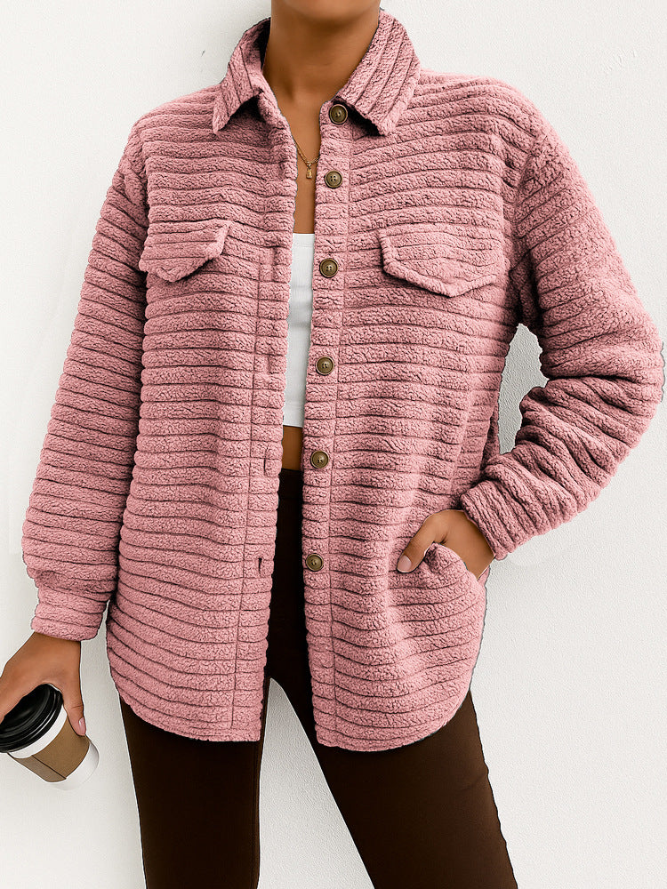 Casual Loose Fashion Striped Long Sleeves Cardigan Lapel Plush Coat