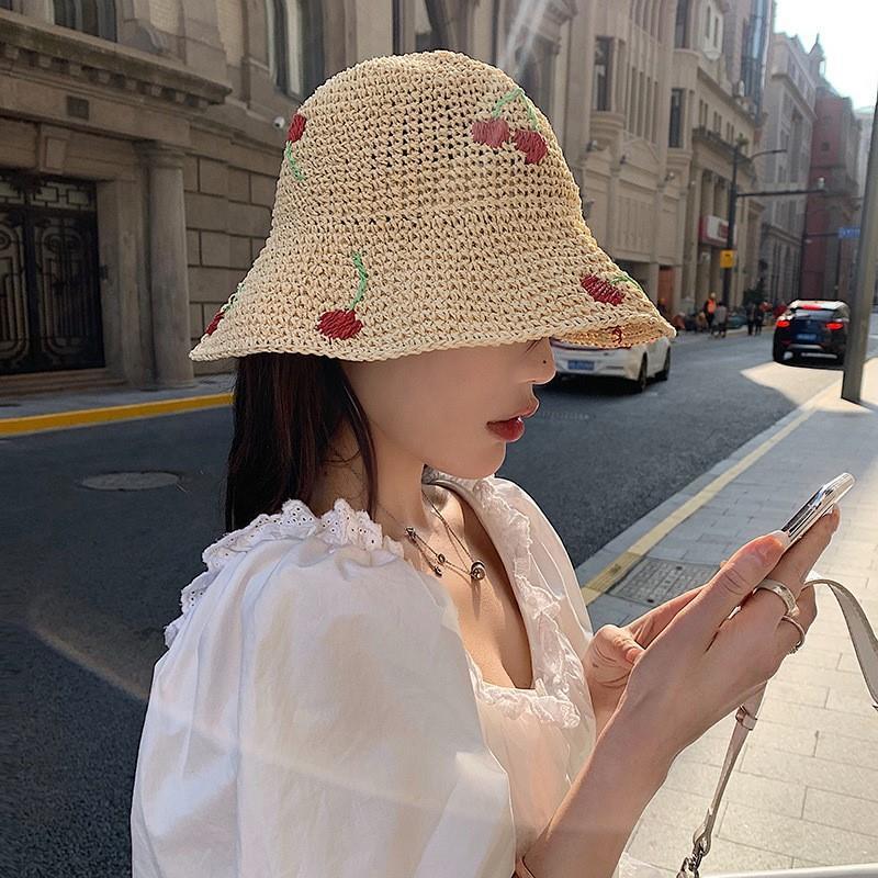 Women's Cherry  Straw Hat Bucket Cover The Face Is Prevented