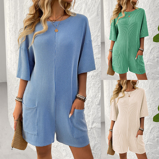 Women's Loose Pockets Back V-neck Short-sleeved Jumpsuit