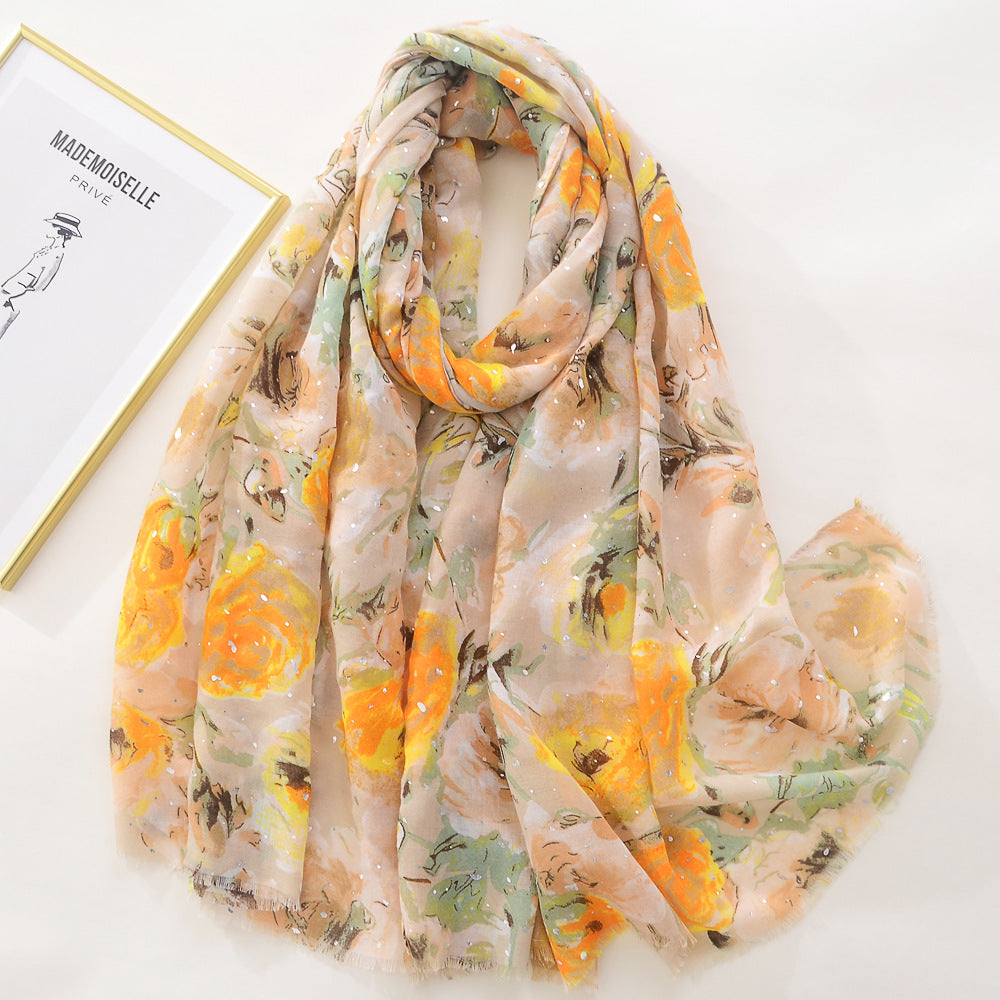 Women's Rose Bronzing Large Gauze Cotton Linen Versatile Scarf