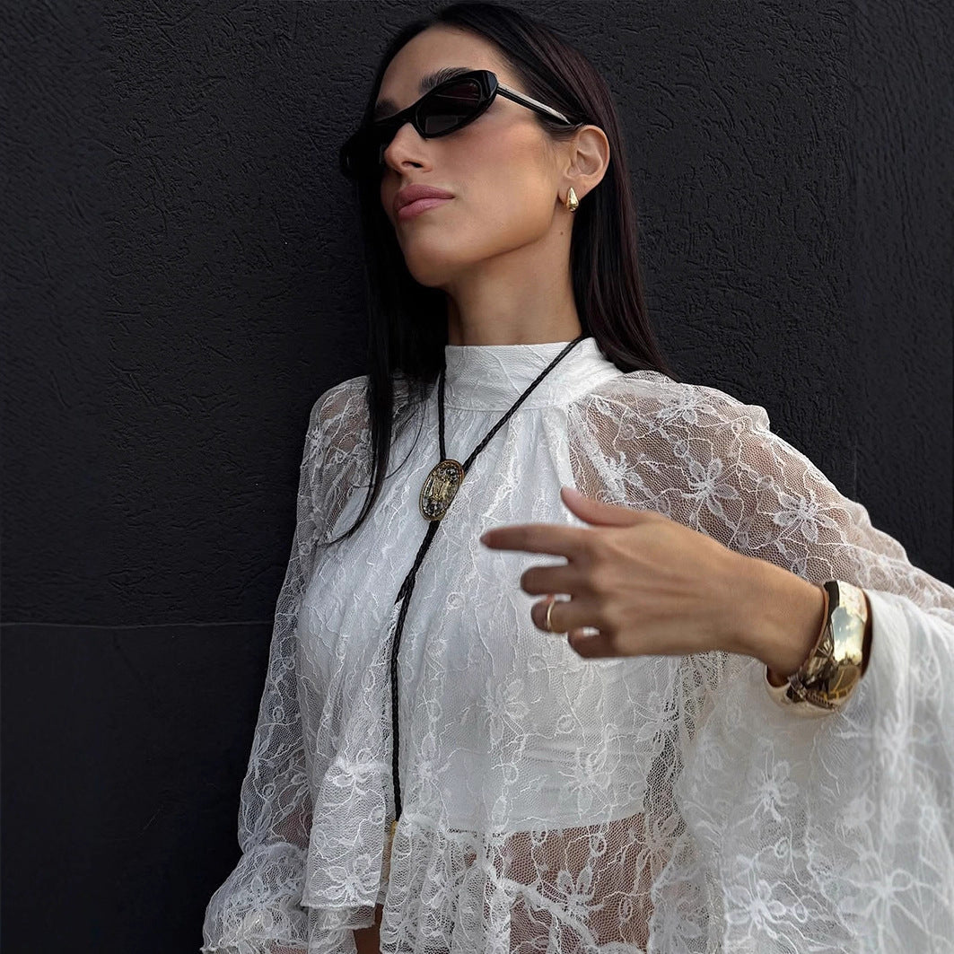 White Lace Jacquard Sheer High-neck Workwear Relaxed-style Long-sleeve Shirt
