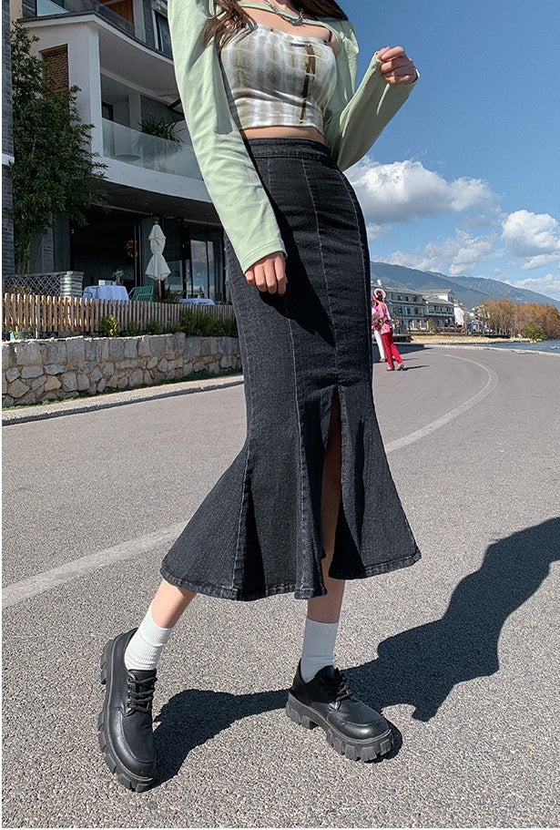 Short High-waisted Slit Mermaid Denim Skirt