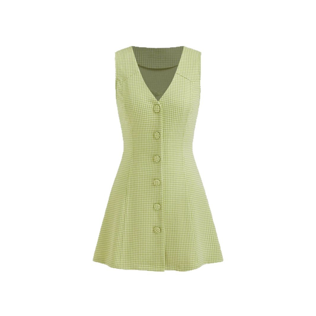 Simple Retro V Neck Buttoned Sleeveless Short Dress For Women