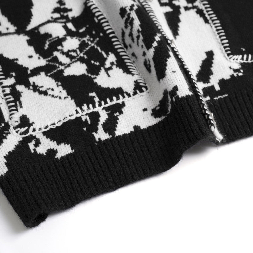 Color Contrast Stitching Jacquard V-neck Knitted Cardigan Men's Loose Long-sleeved Sweater Coat