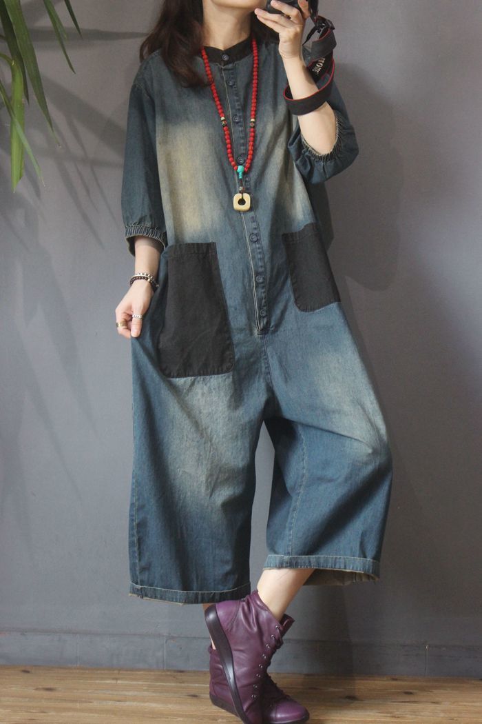 Retro Personality Plus Size Patch Large Pocket Jumpsuit