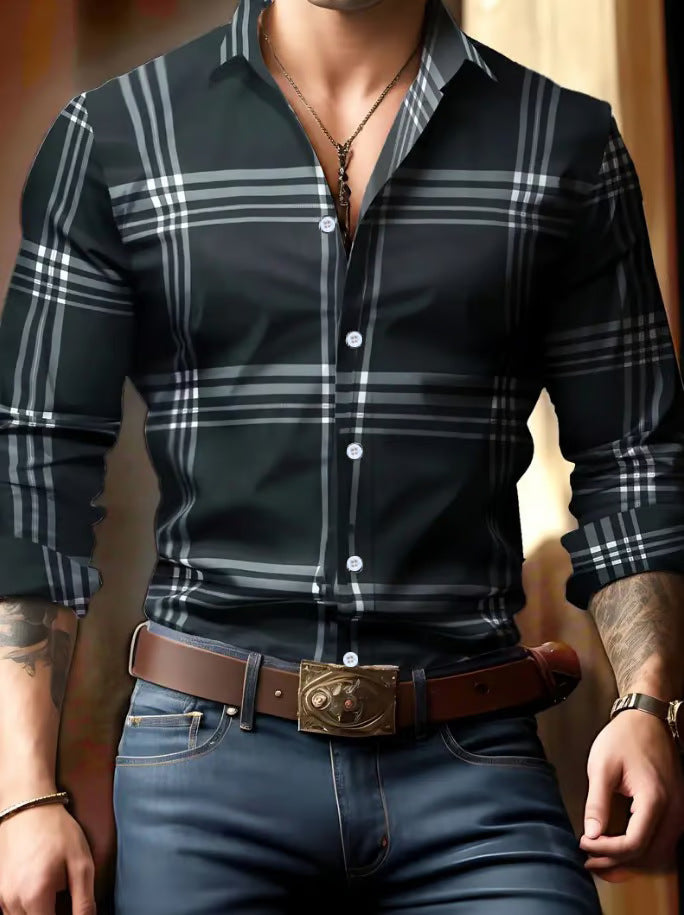 Digital Printing Striped Plaid Men's Long Sleeve Shirt