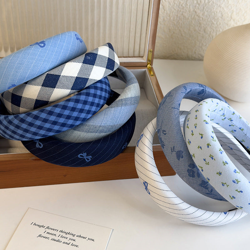 Blue Color Plaid Bow Sponge Headband