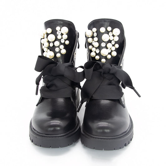 Solid Color Front Lace-up Pearl Mid-tube Martin Boots