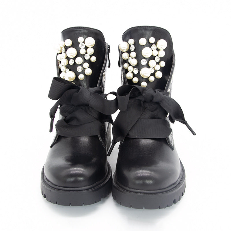 Solid Color Front Lace-up Pearl Mid-tube Martin Boots