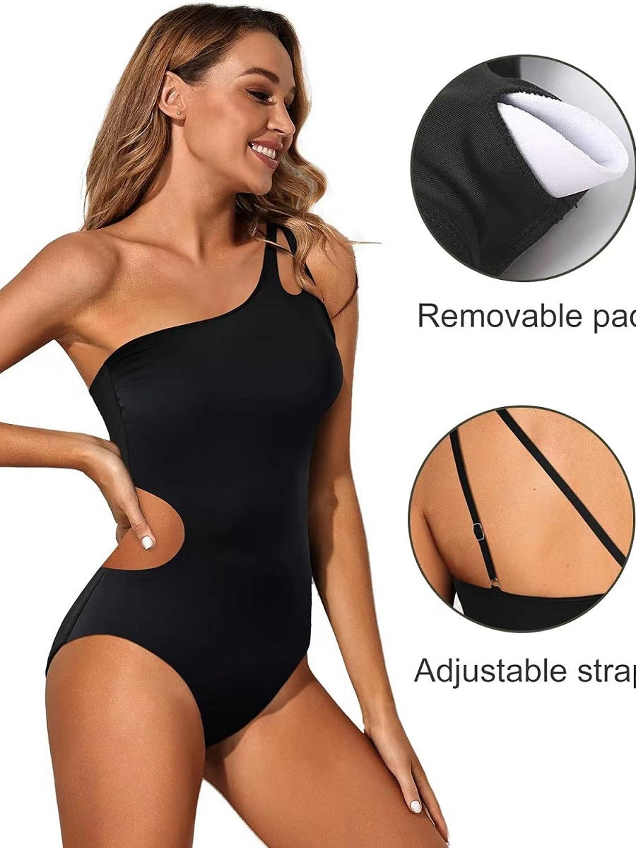 Women's Fashion One-shoulder Solid Color One-piece Swimsuit
