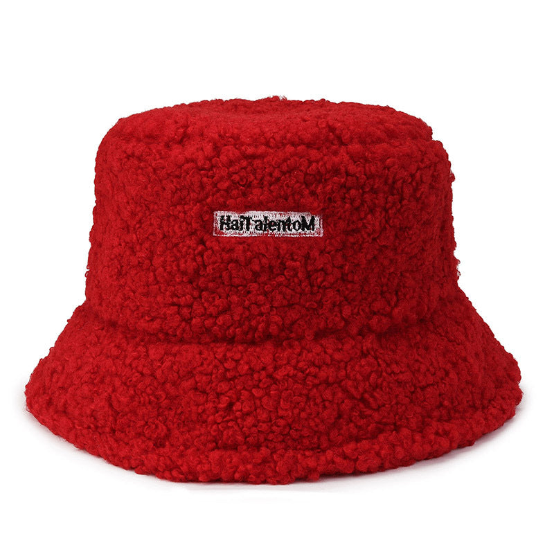 Internet Celebrity Same Style Lamb Wool Bucket Hat Female Korean Style Letter Embroidery Simple All-match