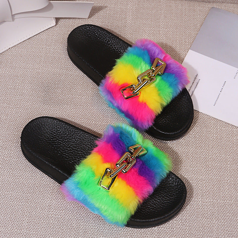 Fashion Simple Ladies Rainbow Plush Slippers
