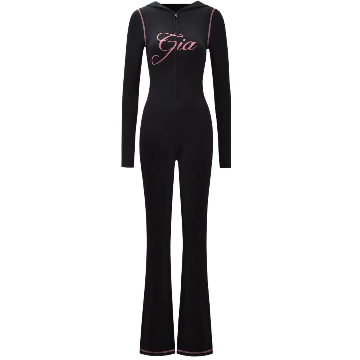 Bodycon Solid-Color Zipper Letter-Print Hooded Sexy Jumpsuit
